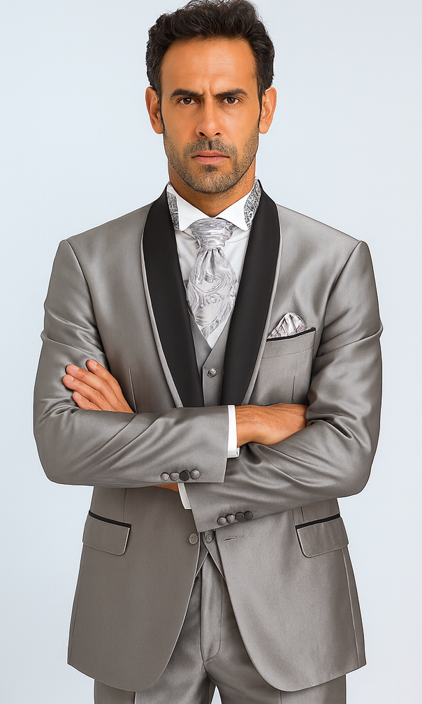 Men's Two Toned Tuxedo Trimmed Jacket And Suit Silver Grey