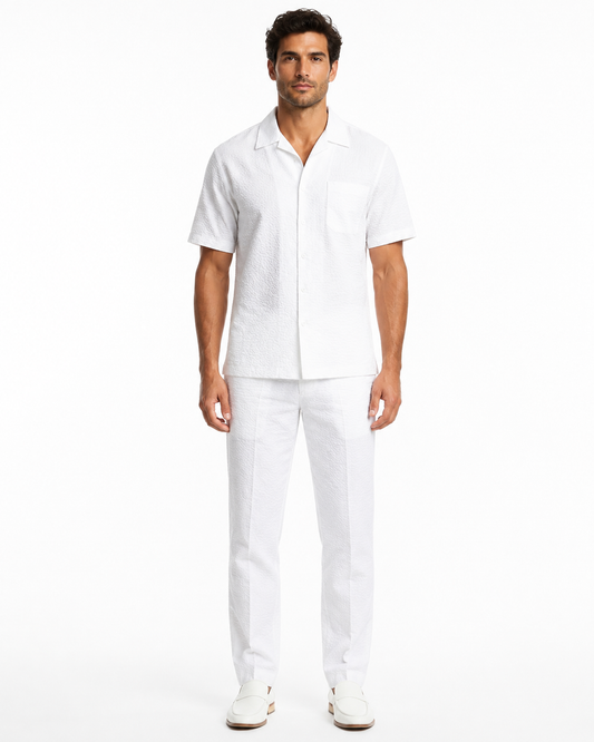 Mens White Seersucker Walking Suit Set – Casual Summer Short Sleeve Outfit with Matching Pants Lightweight Two Piece Set