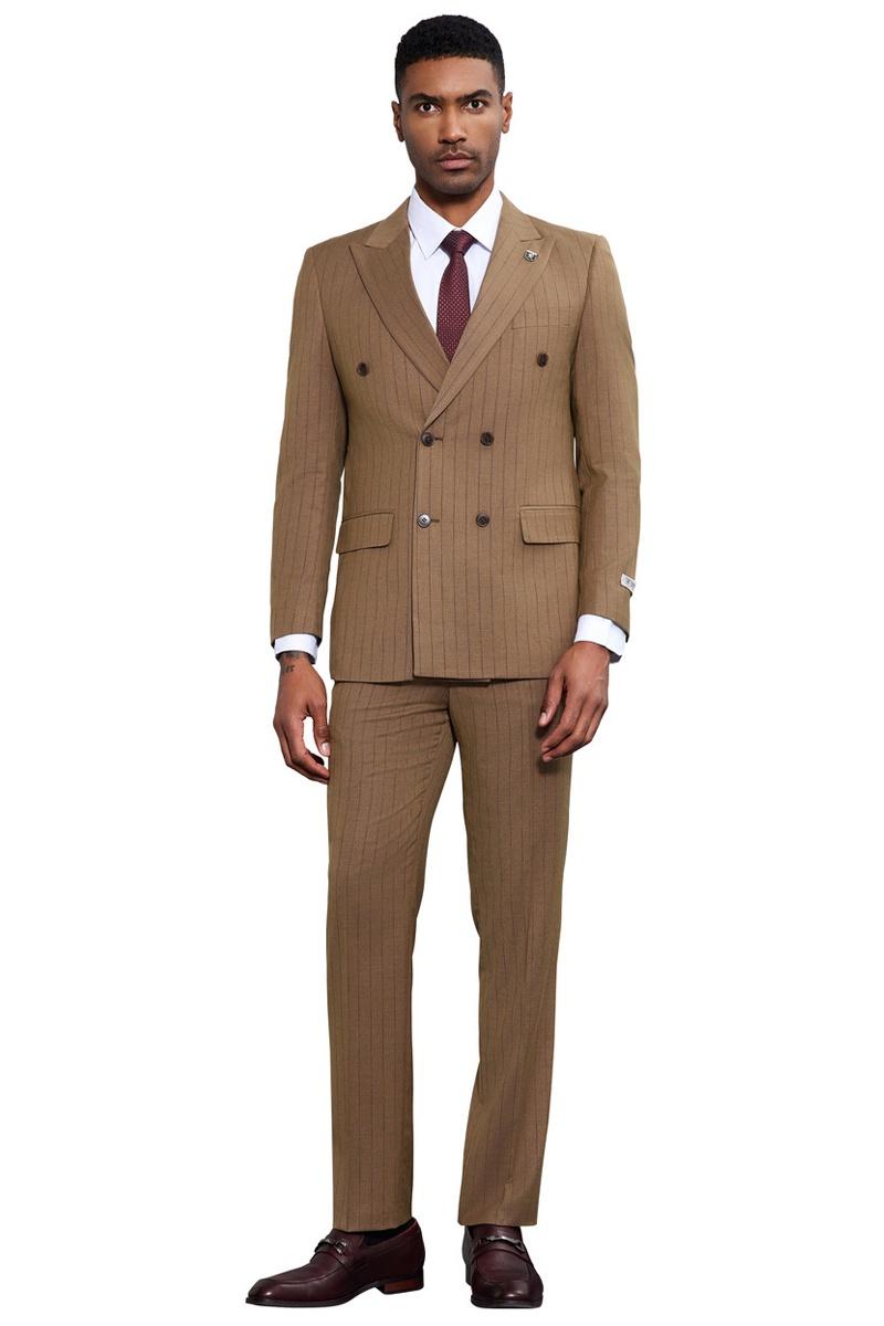 Men's Stacy Adams Double Breasted Pinstripe Suit in Camel