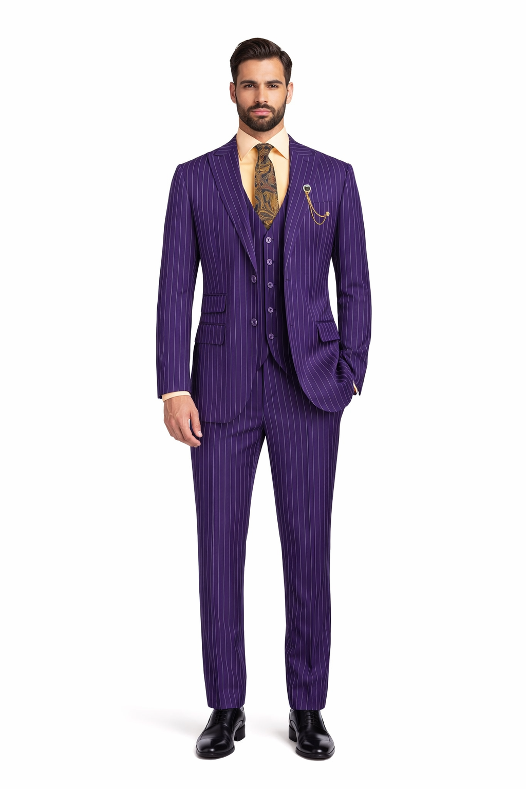 Odyssey Collection - Purple Regular Fit 3 Piece Suit 2 Button Gangster Stripe