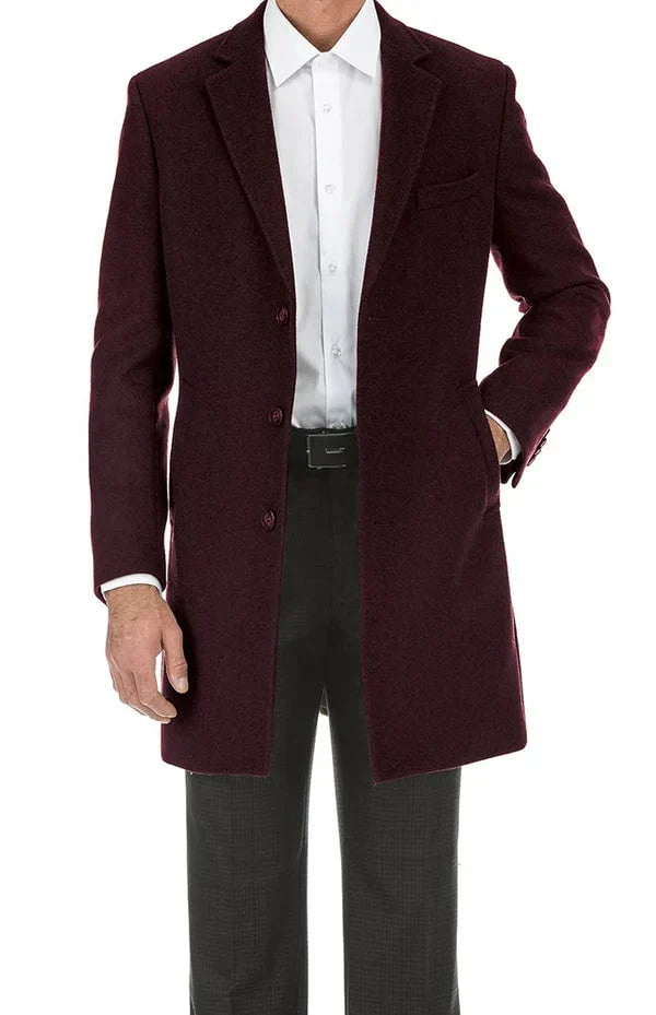 Mens Burgundy Mid-Length Overcoat Classic Fit Wool Blend Dress Coat Three Quarter Carcoat Topcoat
