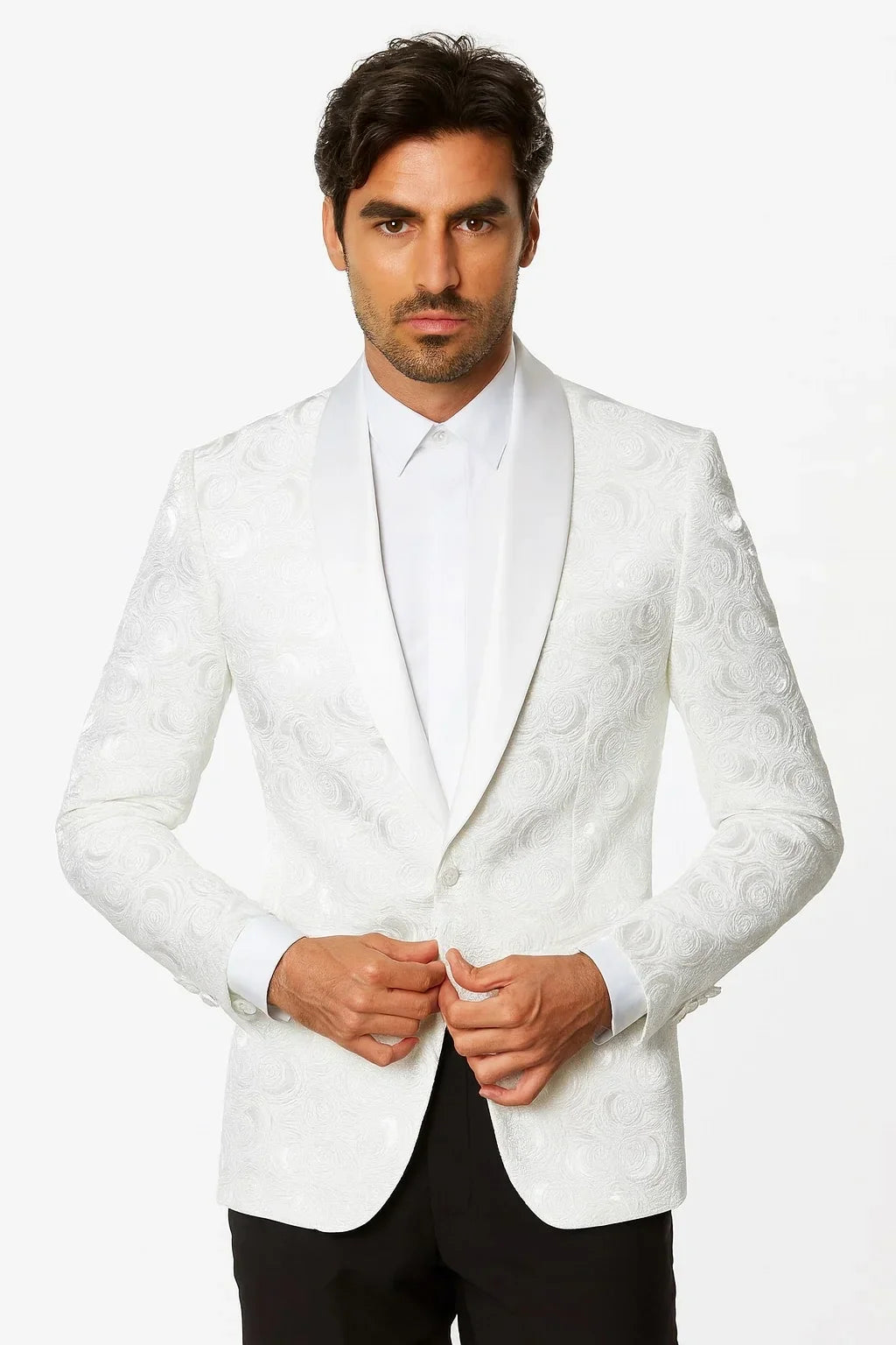Men’s White Paisley Disco Blazer 1980s Style Jacket – Shawl Lapel Formal Party Blazer, Elegant Masquerade Club Wear, Stylish Evening Outfit