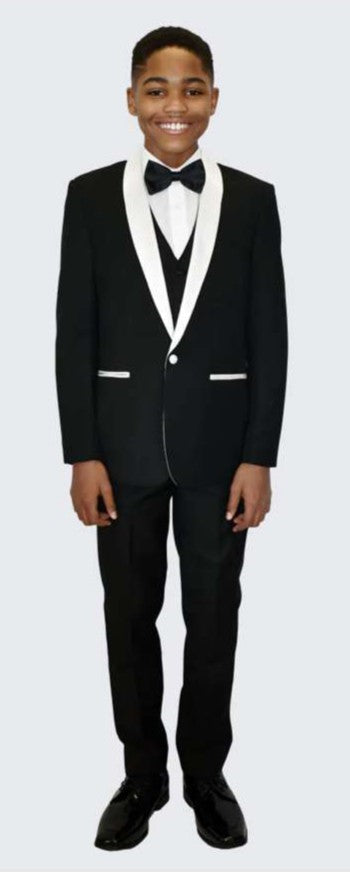 Boys Black Tuxedo Suit with White Shawl Lapel and Bow Tie | Formal Wedding & Prom Outfit Set