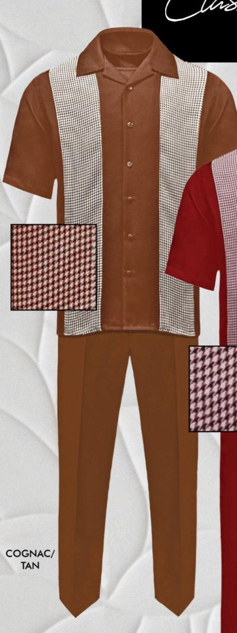 Mens Cognac Tan Two-Piece Outfit â€“ Short Sleeve Button-Up Shirt and Pants Set