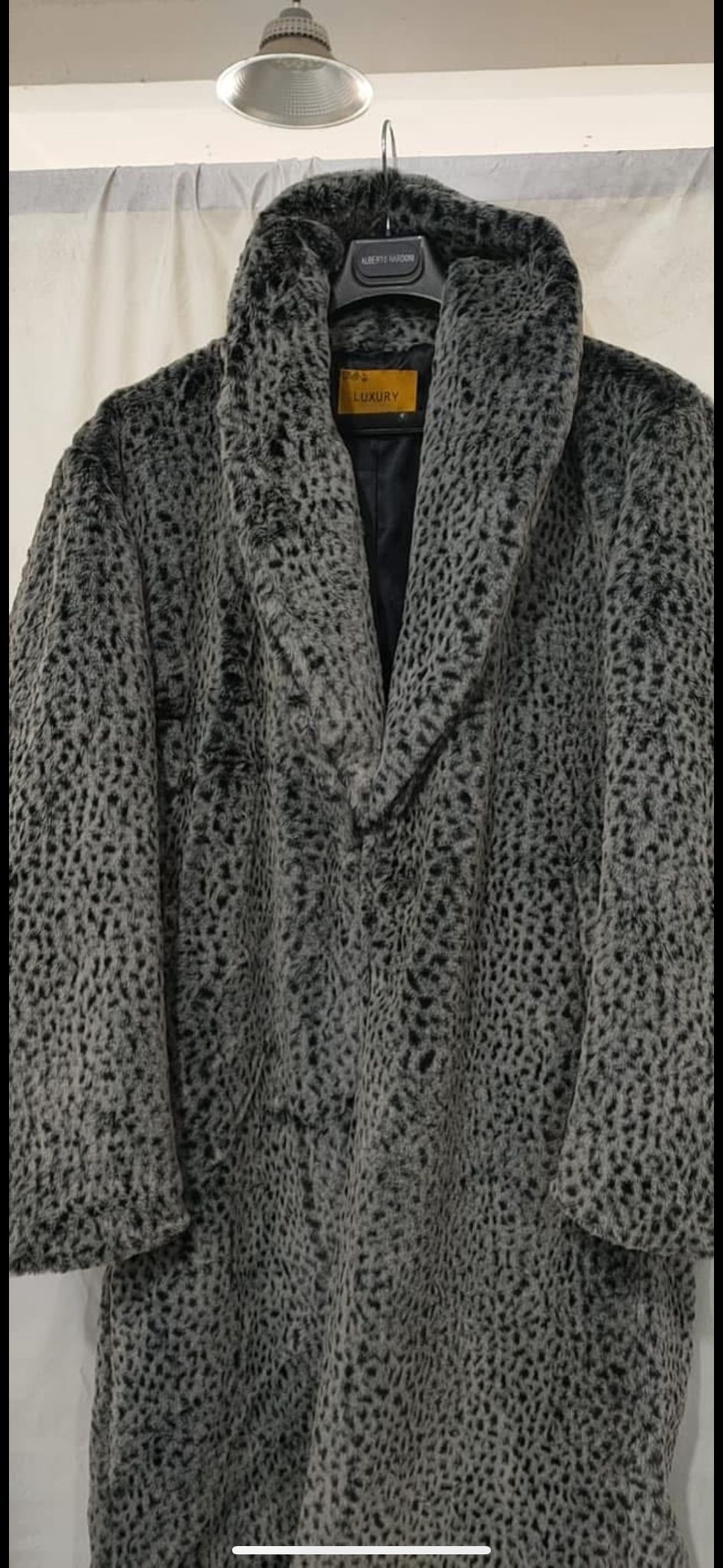 Mens Luxury Long Grey Faux Fur Coat -Winter Overcoat with Animal Print Design