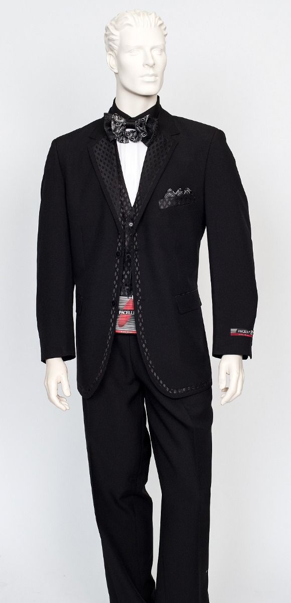 Men's Black Vested Tuxedo Suit with Patterned Lapel Classic Formal Suit for Wedding, Party and Evening Events