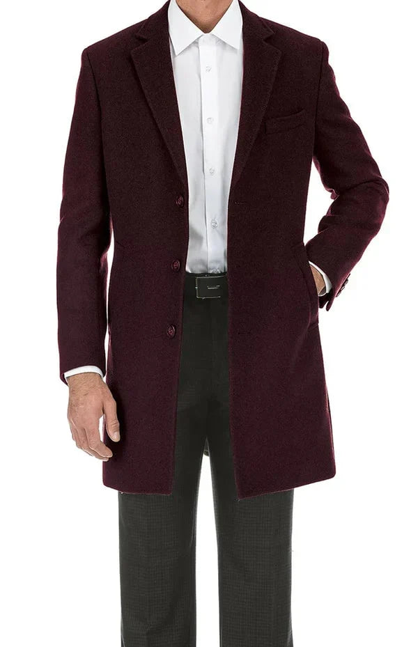 Mens Burgundy Long Coat Classic Fit Wool Blend Overcoat - Topcoat Full length