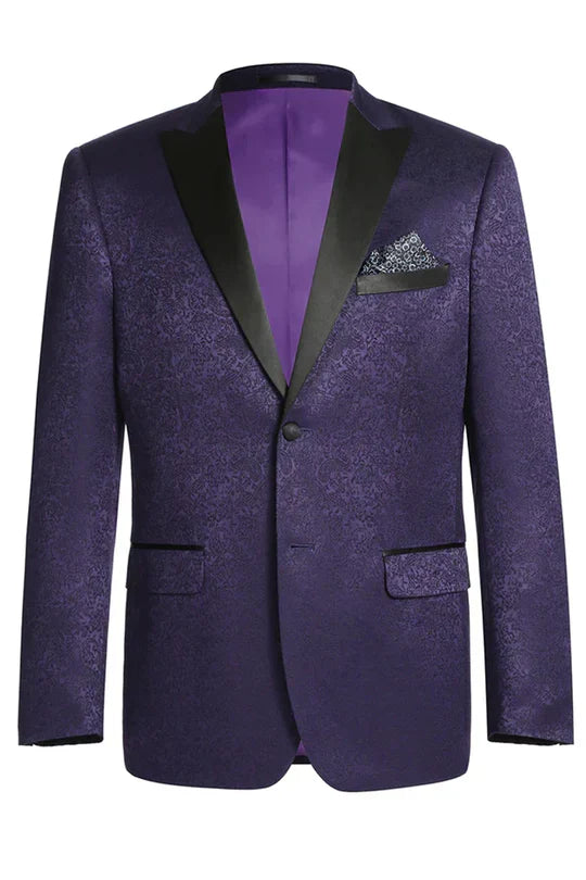 Mens Purple Paisley Tuxedo Jacket Ultra Slim Fit Dinner Blazer with Black Satin Peak Lapel