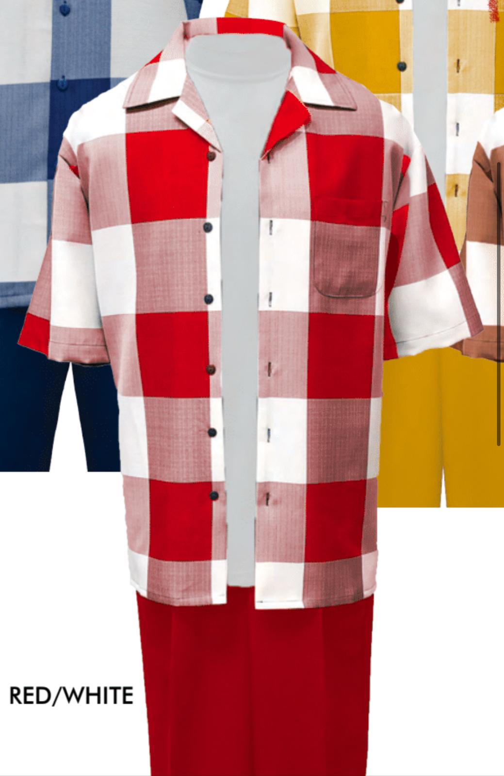 Mens Red and White Checkered Short Sleeve Shirt Set Casual Two-Piece Summer Outfit
