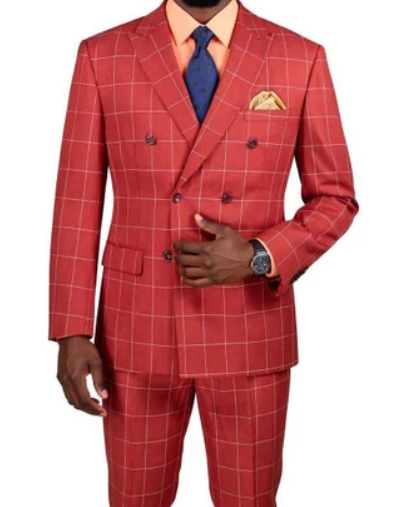 Men's Red Windowpane Plaid Double Breasted Suit – Modern Fit 2 Piece Wedding, Prom & Formal Dress Suit