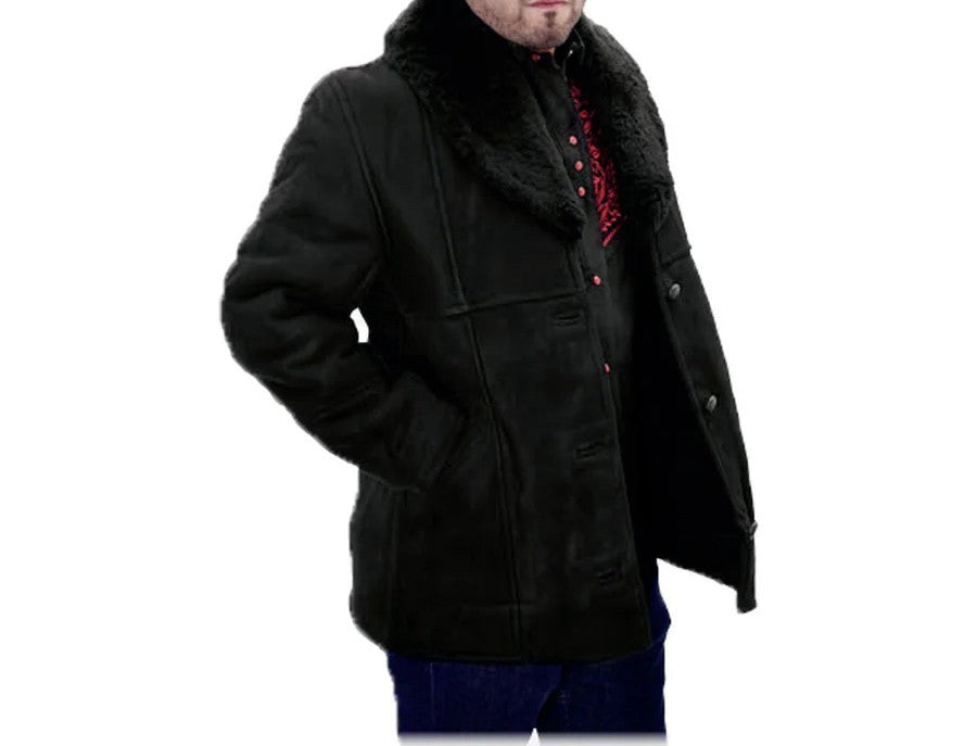 Men’s Black Sheepskin Leather Jacket Cowboy – Warm Faux Fur Collar Coat, Winter Long Jacket, Casual Western Style Outerwear