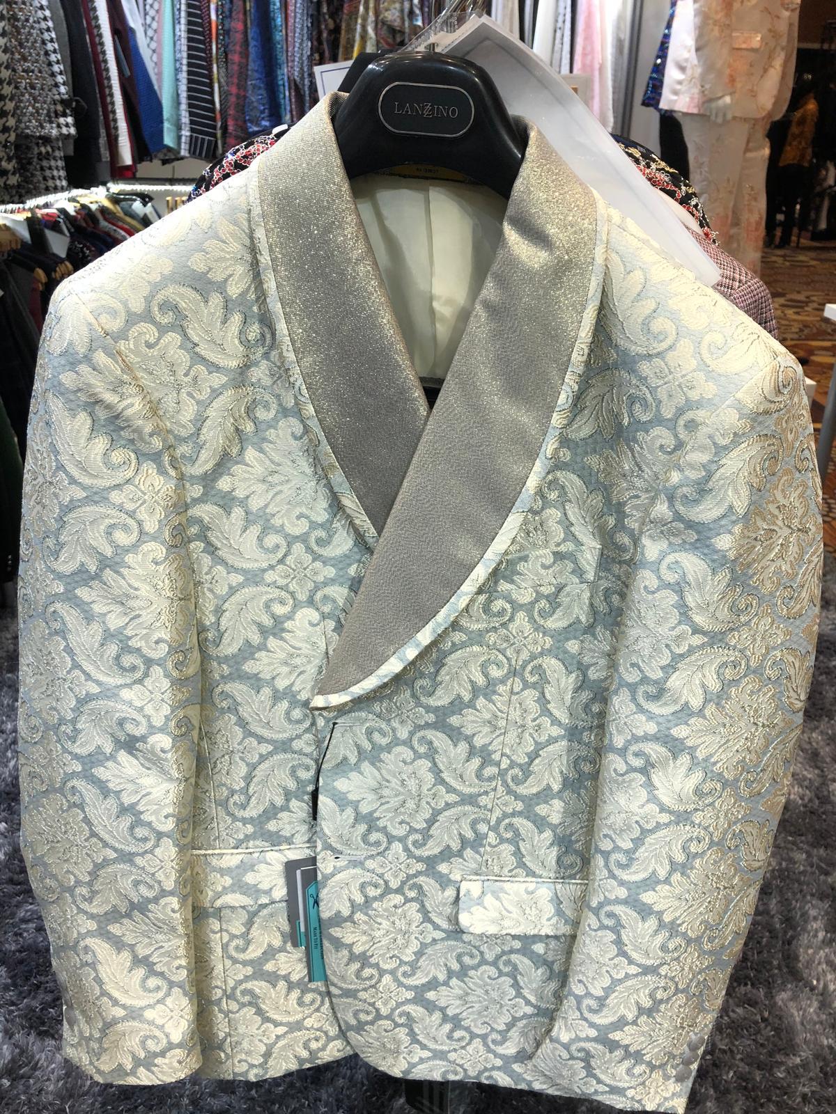 Mens Champaign Silver and Cream Embroidered Luxury Blazer Floral Pattern Wedding & Party Dinner Jacket in Light Tan Color