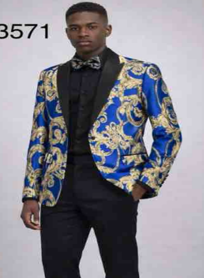 Men’s Royal Blue and Gold Blazer Jacket – Luxury Floral Pattern Tuxedo Blazer, Formal Party Wedding Dinner Jacket, Stylish Evening Wear