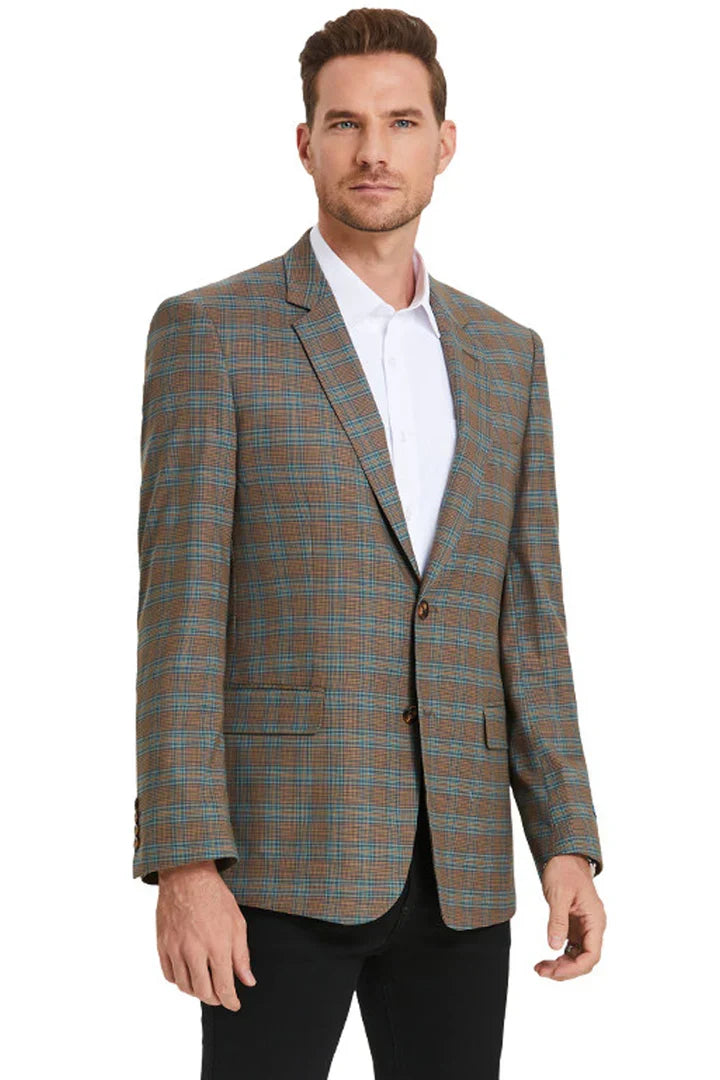 Mens Green Brown and Teal Plaid Sport Coat Tailored Fit Check Blazer Jacket - Tartan Sportcoat