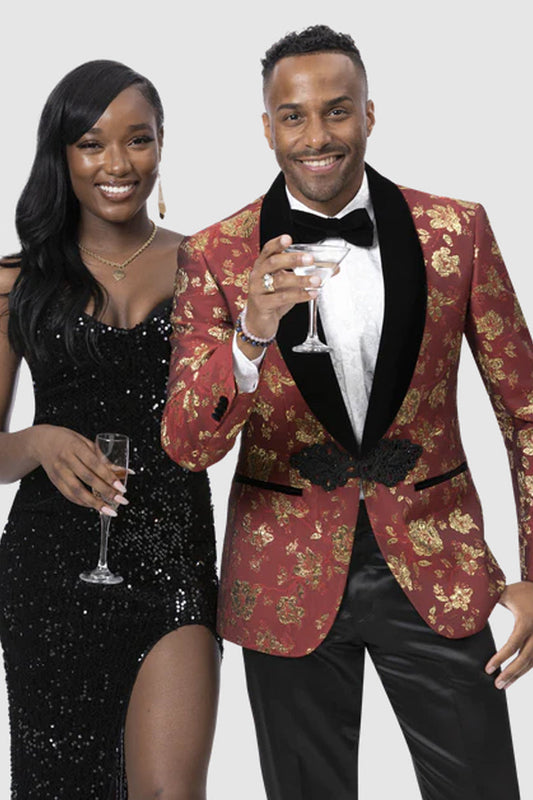 "Men's Gold & Red Paisley Tuxedo Jacket - Shiny Prom Smoking Suit" Red And Gold Prom Dress