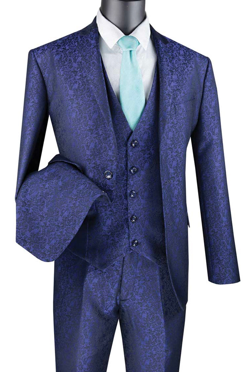 Mens Slim Fit Floral Pattern Vested Suit in Navy