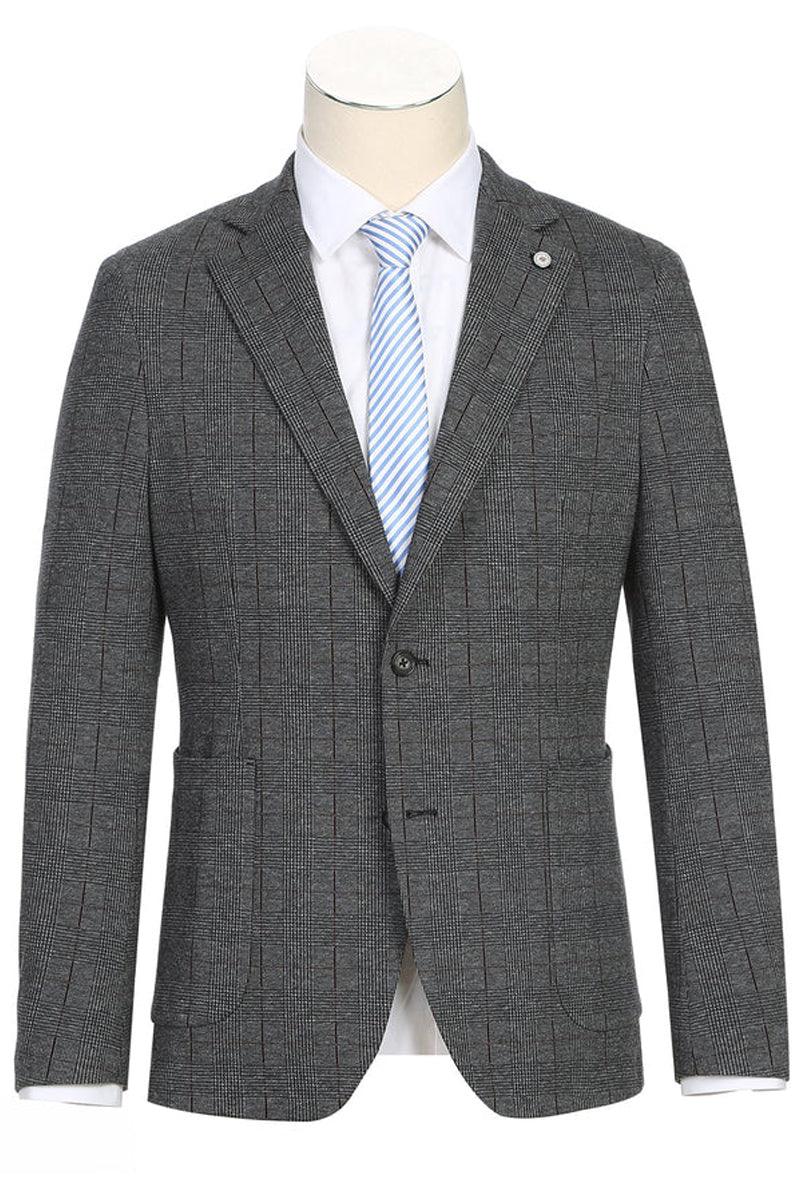 "Elevate Your Prom or Wedding Style: Pelago Men's Charcoal Grey Plaid Blazer with Half Canvas Patch Pocket"
