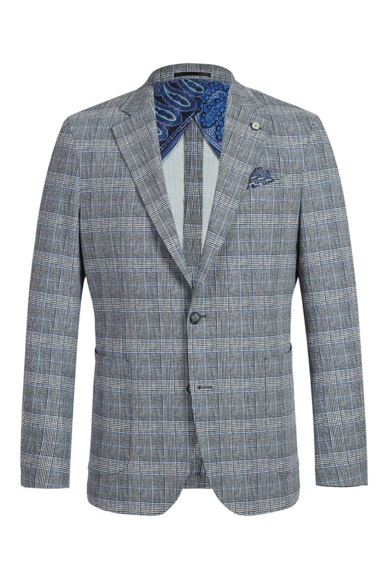"Elevate Your Prom and Wedding Attire: Pelago's Grey & Blue Windowpane Blazer for Sophisticated Style"