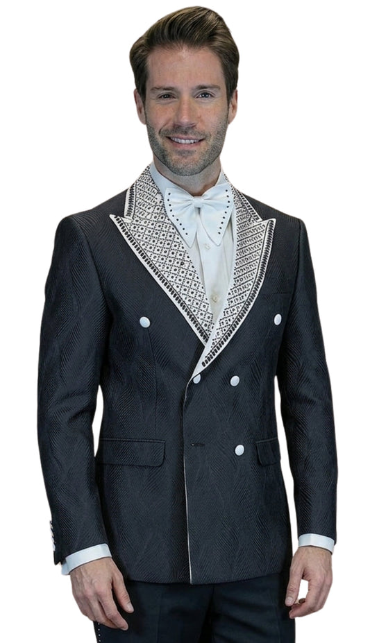 Mens Double Breasted Tuxedo By Statement ROMEO in Black and White Modern Fit Wool Suit