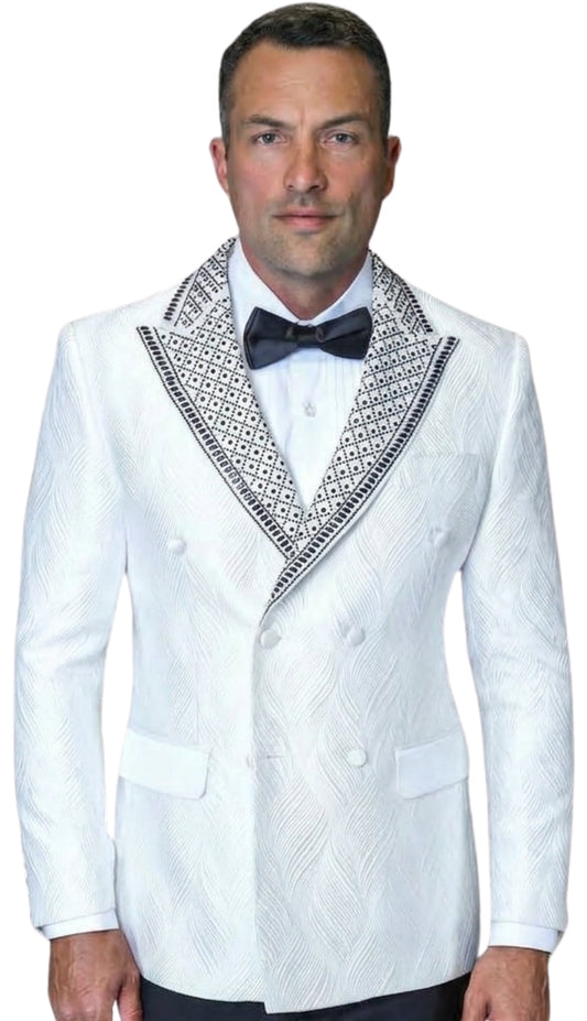 Mens Double Breasted Tuxedo By Statement ROMEO in White and Silver Modern Fit Wool Suit
