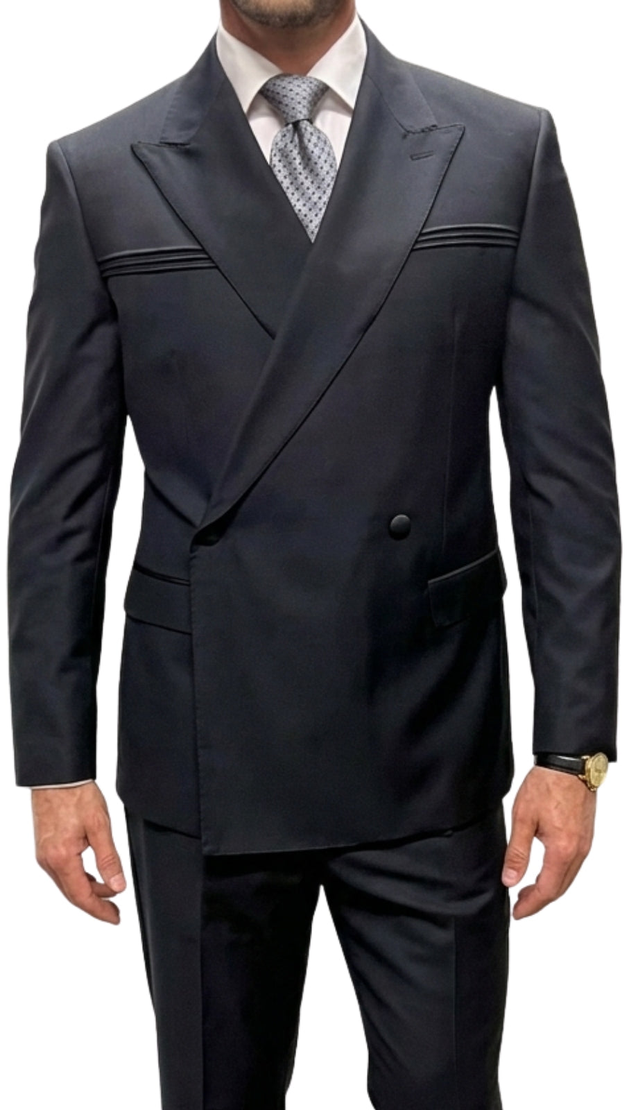 Mens Double Breasted Suit with a Unique 1-Button Closure and a Bold Peak Lapel, Flat Front Pants, Modern Fit in Black By Statement in 100% Wool Fabric