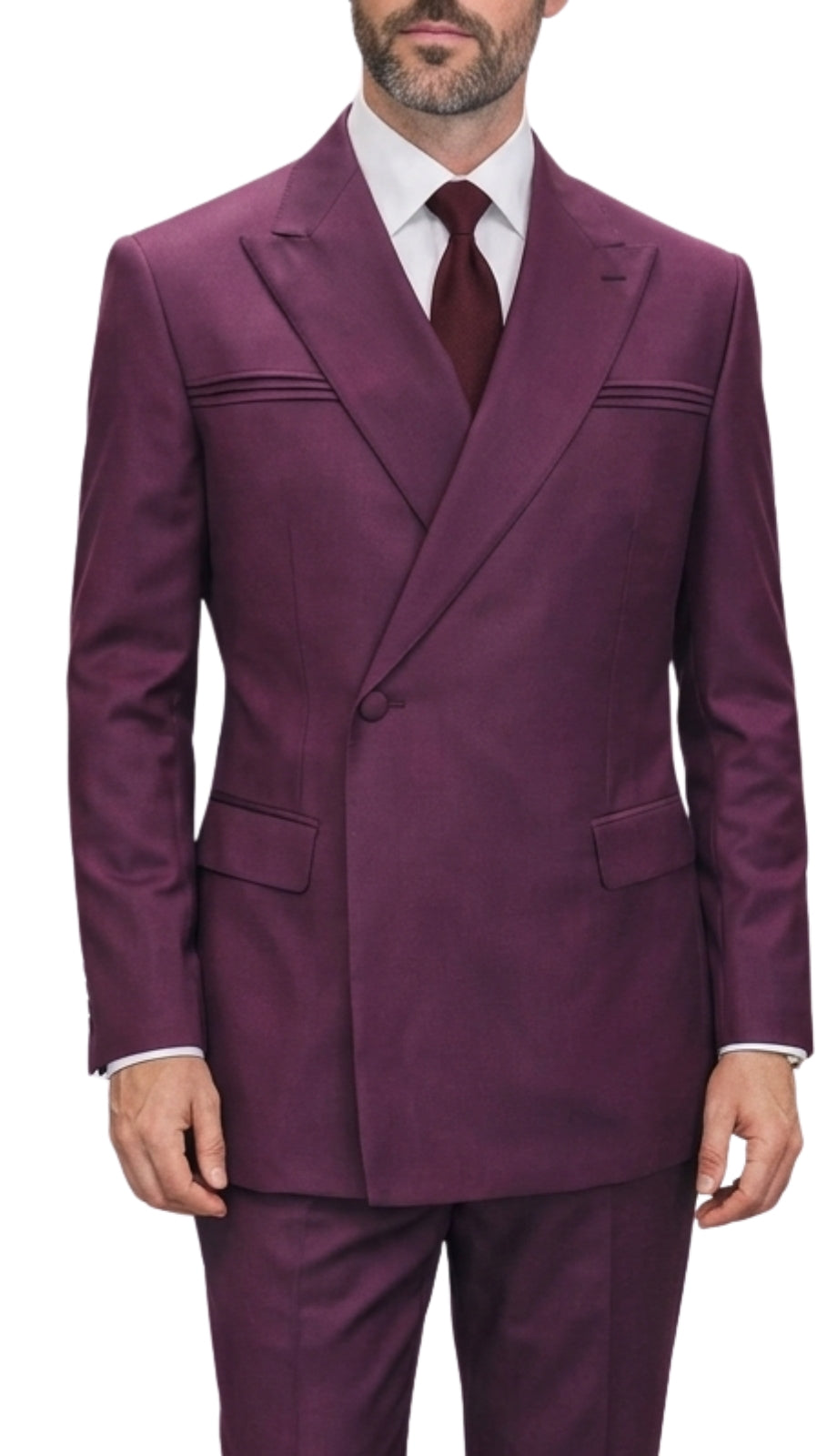 Mens Double Breasted Suit with a Unique 1-Button Closure and a Bold Peak Lapel, Flat Front Pants, Modern Fit in Burgundy By Statement in 100% Wool Fabric