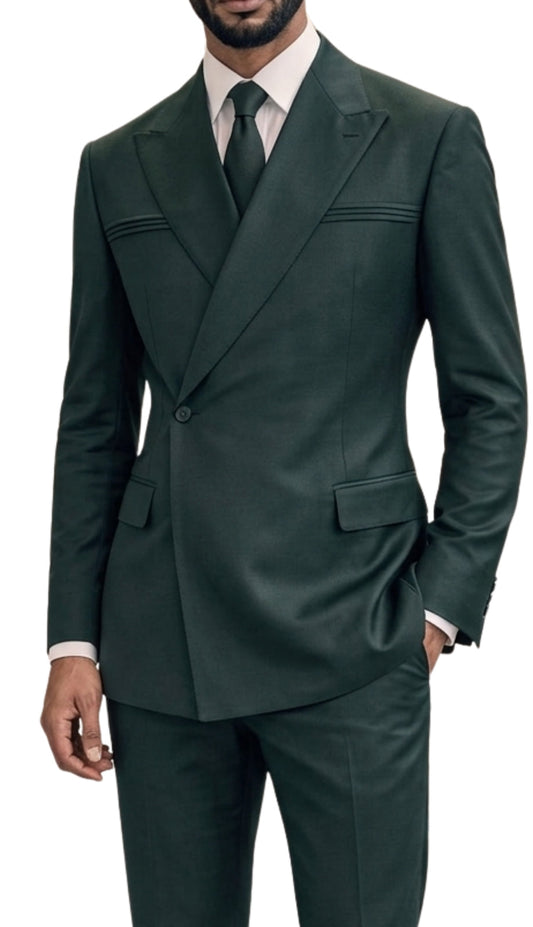 Mens Double Breasted Suit with a Unique 1-Button Closure and a Bold Peak Lapel, Flat Front Pants, Modern Fit in Hunter By Statement in 100% Wool Fabric