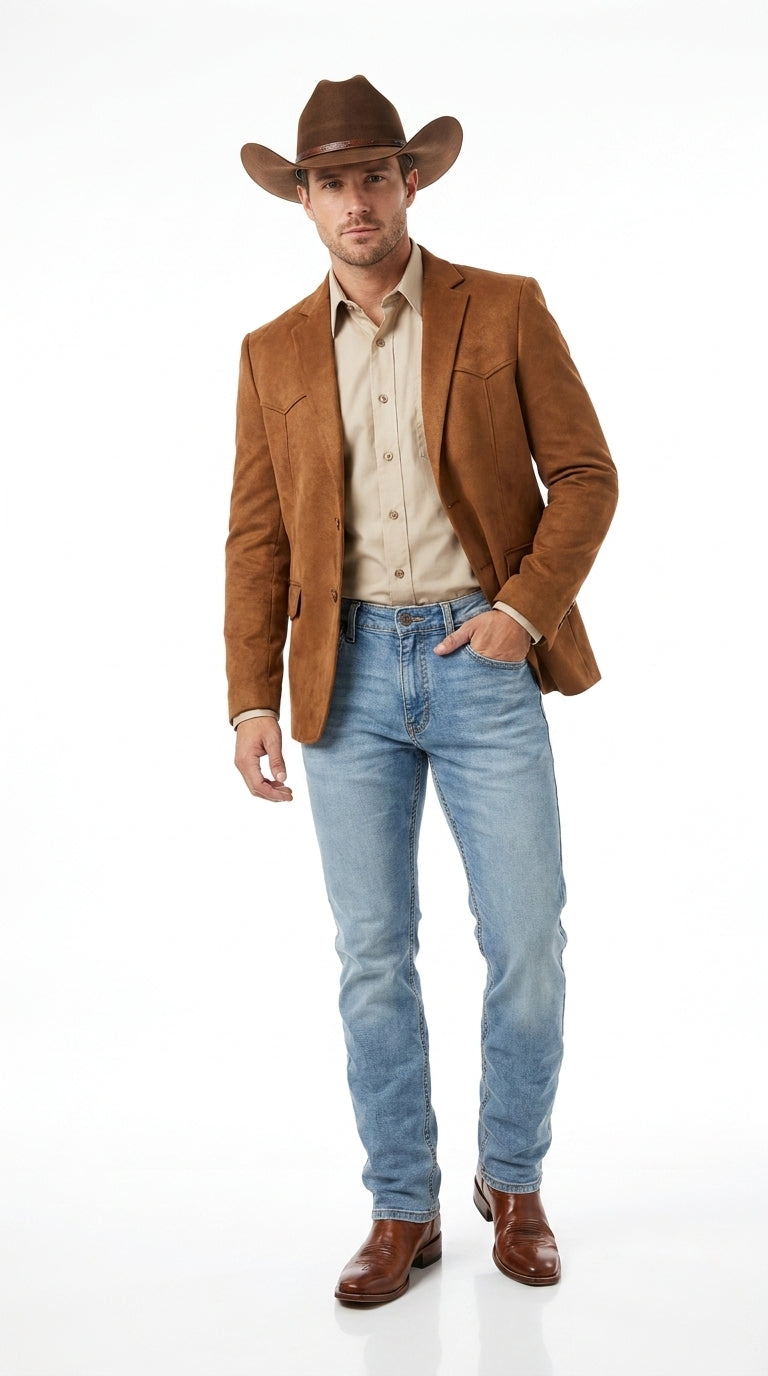 Mens Faux Suede Western Blazer – Brown Cowboy Jacket with Western Detailing Coganc Rust