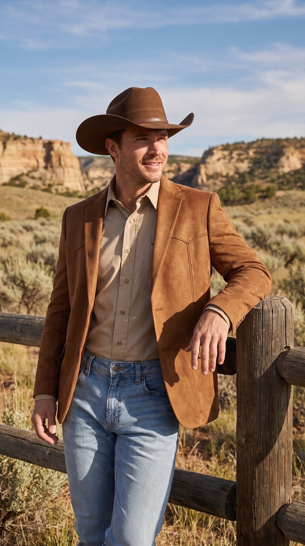 Mens Faux Suede Western Blazer – Brown Cowboy Jacket with Western Detailing Coganc Rust