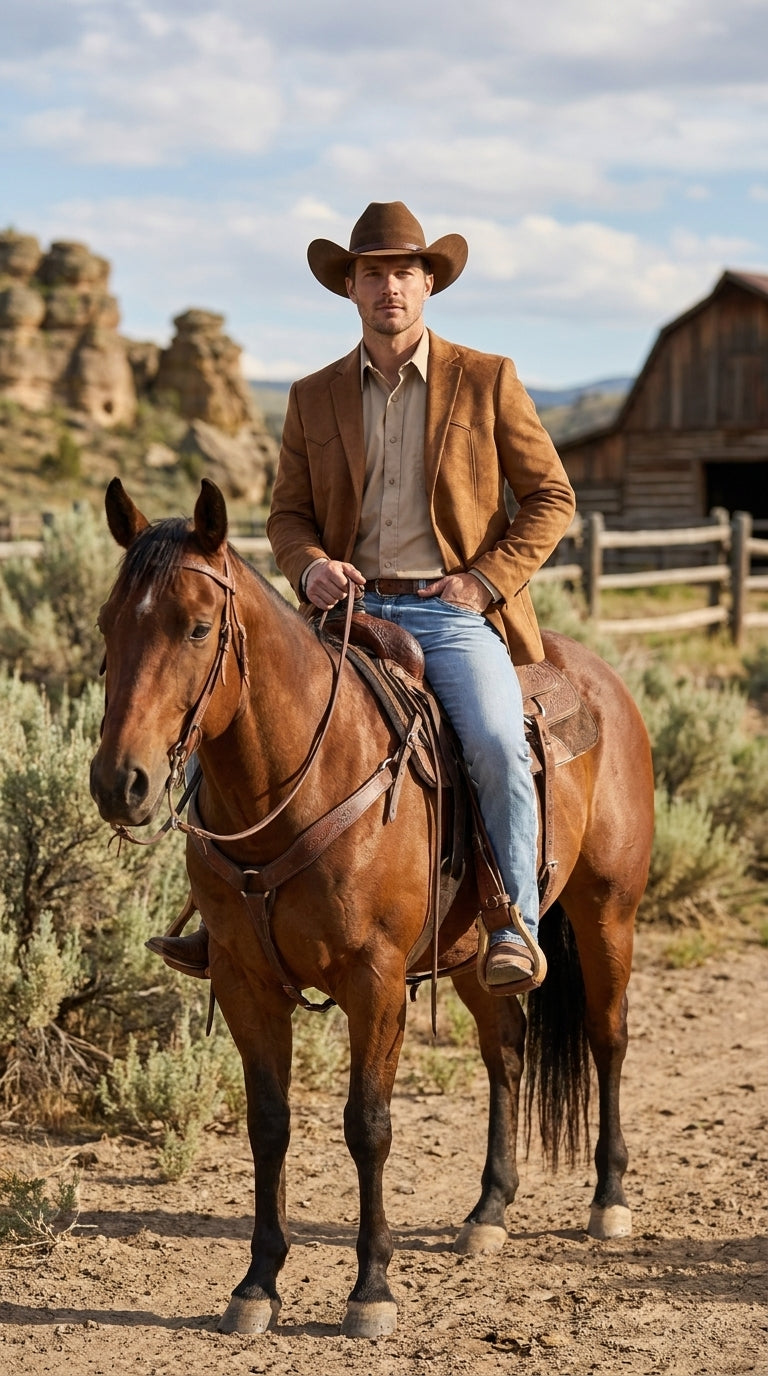 Mens Faux Suede Western Blazer – Brown Cowboy Jacket with Western Detailing Coganc Rust