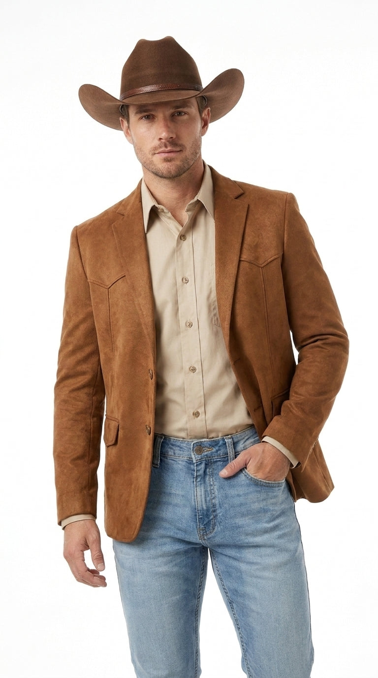Mens Faux Suede Western Blazer – Brown Cowboy Jacket with Western Detailing Coganc Rust
