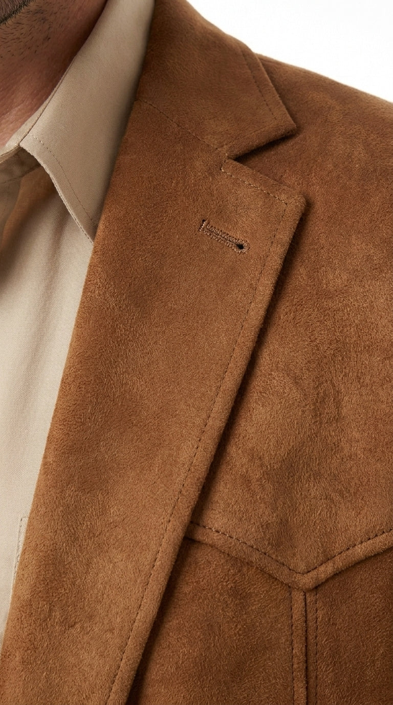 Mens Faux Suede Western Blazer – Brown Cowboy Jacket with Western Detailing Coganc Rust