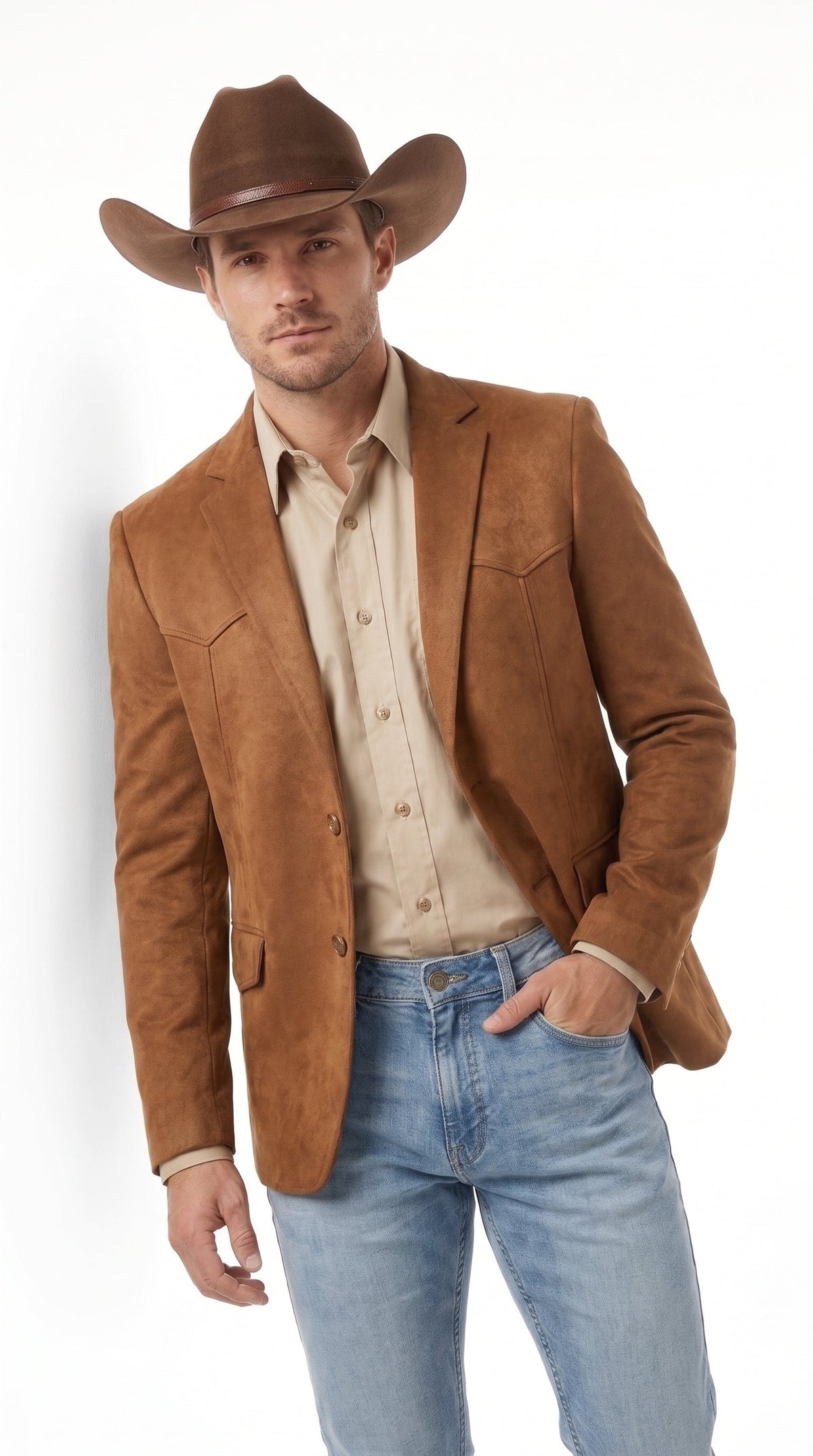 Mens Faux Suede Western Blazer – Brown Cowboy Jacket with Western Detailing Coganc Rust