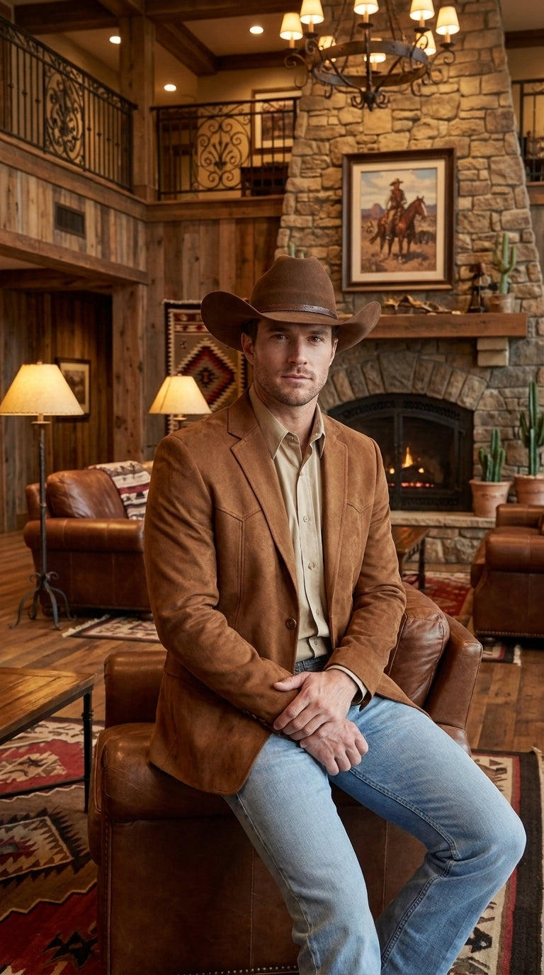 Mens Faux Suede Western Blazer – Brown Cowboy Jacket with Western Detailing Coganc Rust