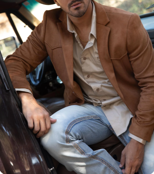 Mens Faux Suede Western Blazer – Brown Cowboy Jacket with Western Detailing Coganc Rust