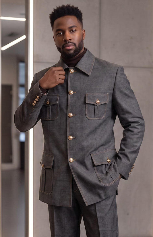 Pronti Leisure Jacket Suit 2 Piece Black Denim Style BP8104