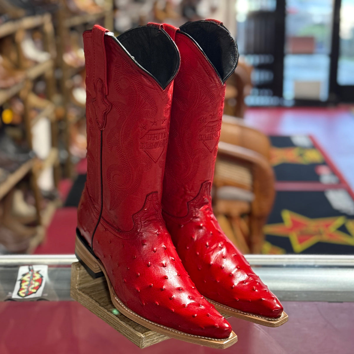 Mens White Diamond Boot Red Ostrich Print Boots Pointy Toe Pointed Toe