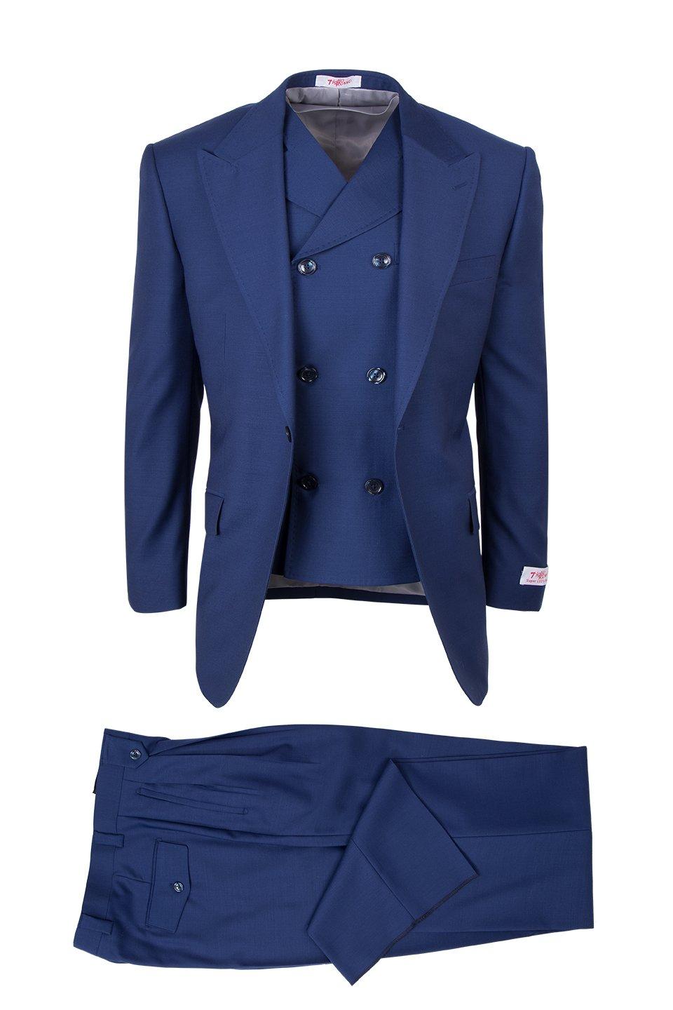 Tiglio Italian Suit - Real Wool Fabric Super 150's San Giovesse French Blue, Wide Leg Suit & Vest in Color Blue