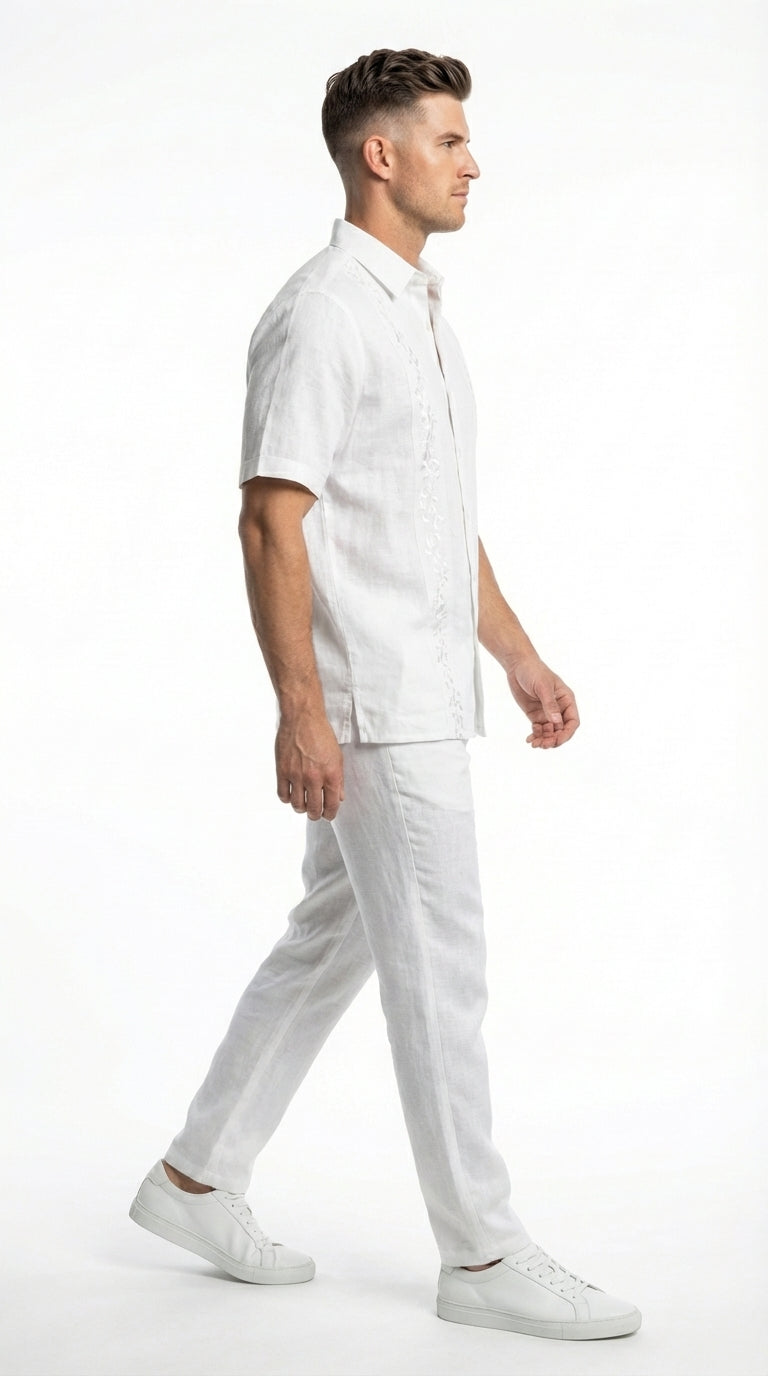 Mens White Embroidered Walking Suit Set – Short Sleeve Shirt and Pants Casual Summer Outfit for Vacation, Beach and Everyday Wear