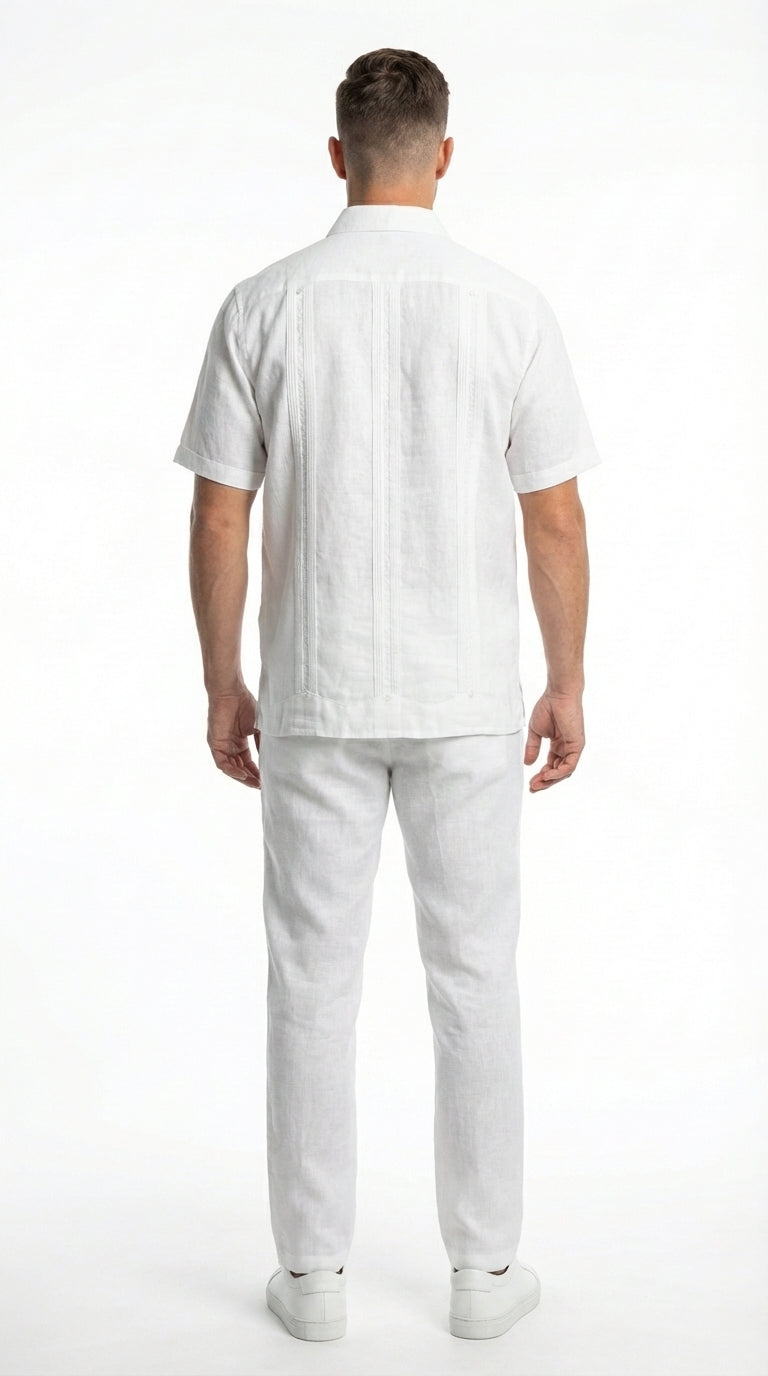 Mens White Embroidered Walking Suit Set – Short Sleeve Shirt and Pants Casual Summer Outfit for Vacation, Beach and Everyday Wear