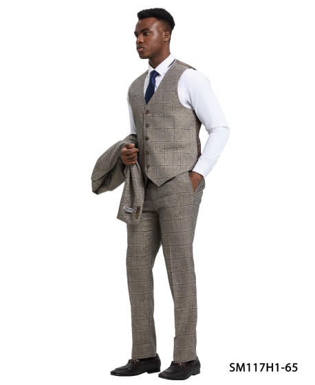 Stacy Adams Men's 3 Piece Hybrid Windowpane Suit - Notch Lapel