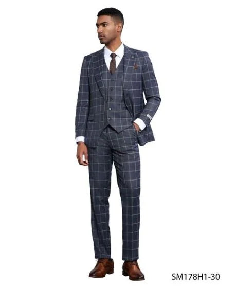 Stacy Adams Men's 3 Piece Hybrid Fit Suit - Large Checker Pattern