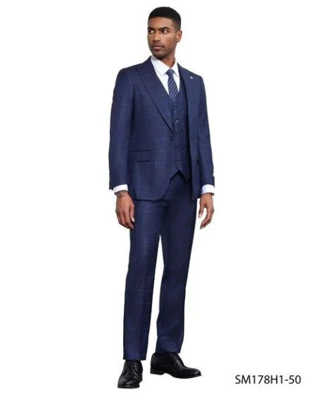 Stacy Adams Men's 3 Piece Hybrid Fit Suit - Large Checker Pattern