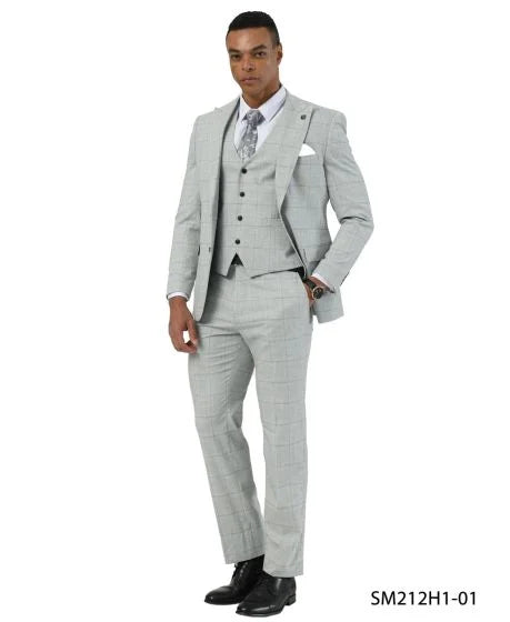 Stacy Adams Men's 3 Piece Hybrid Fit Suit - Crisp Windowpane Pattern