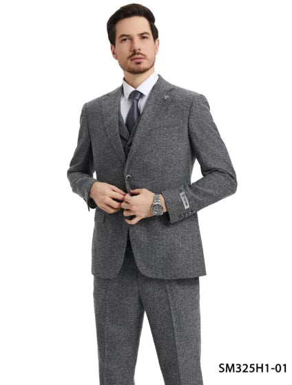 Stacy Adams Men's 3 Piece Hybrid Fit Suit - Herringbone