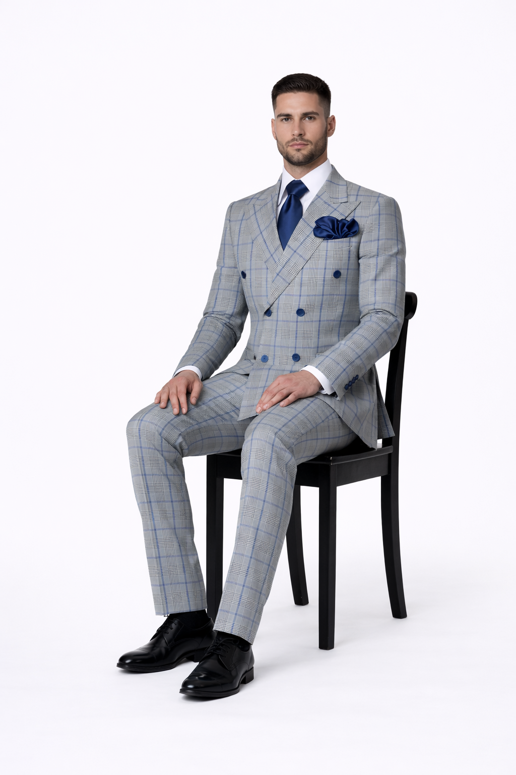 Suits With Baggy Pleated Pants - Wide Leg Pants 100% Wool - Classic Fit in Color Grey with Blue Plaid by Rossiman