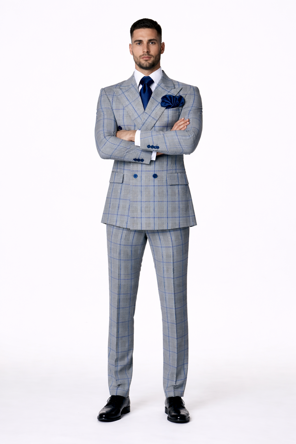 Suits With Baggy Pleated Pants - Wide Leg Pants 100% Wool - Classic Fit in Color Grey with Blue Plaid by Rossiman