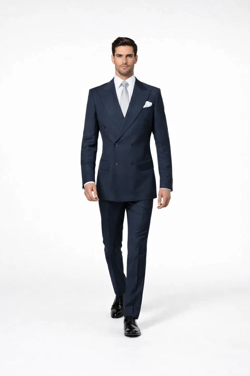 Suits With Baggy Pleated Pants - Wide Leg Pants 100% Wool - Classic Fit in Navy Color by Rossiman