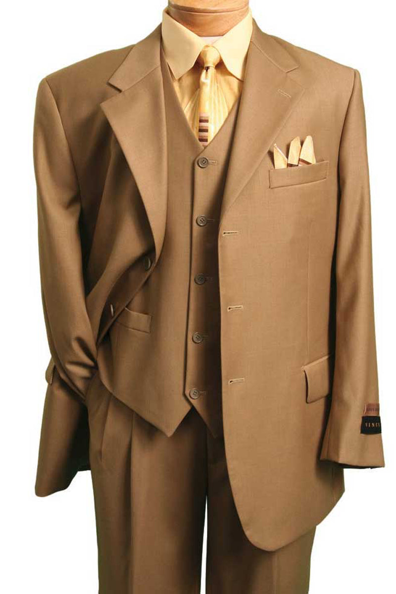 Mens 2 Button Vested Basic Wool Feel Suit in Britishi Khaki
