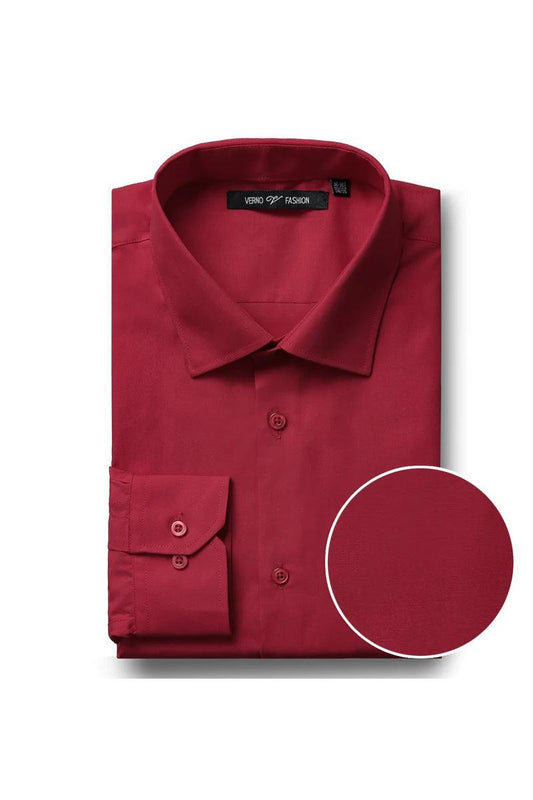 "Crimson Elegance: Verno's Classic Fit Spread Collar Dress Shirt for Prom and Wedding Festivities"